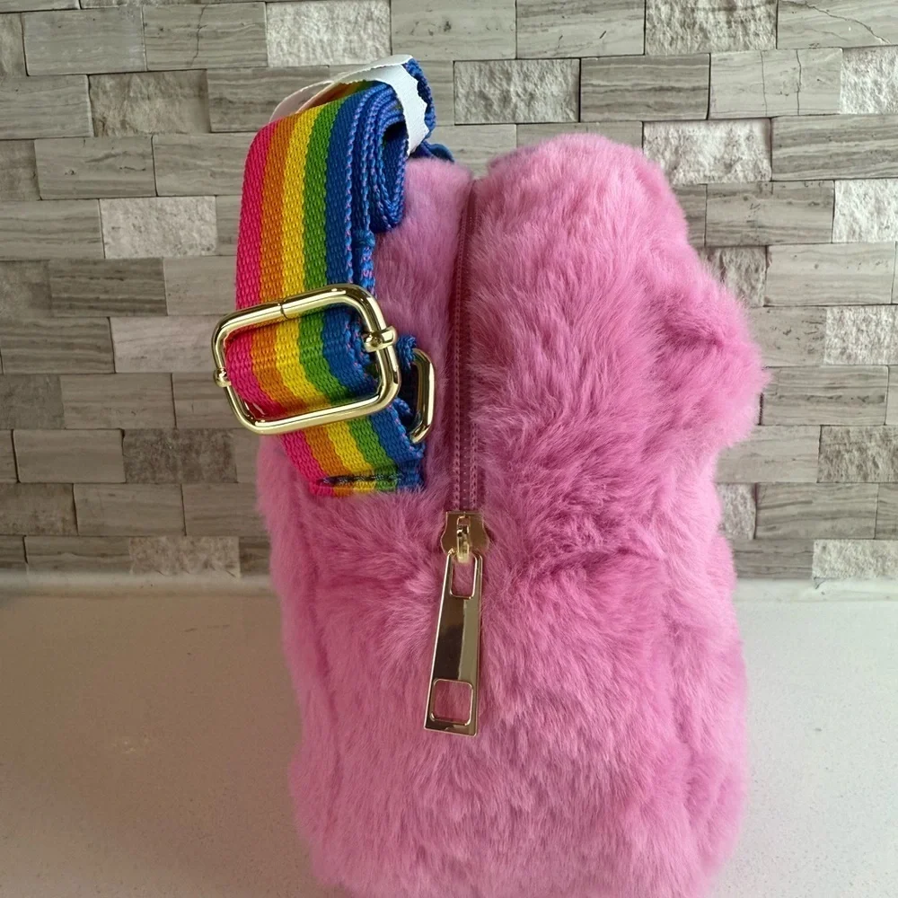 NEW Care Bear‎ Pink Plush Crossbody Bag With Rainbow Strap